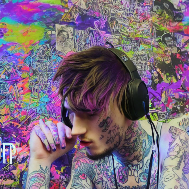 Tattooed person in headphones contemplates against colorful psychedelic backdrop