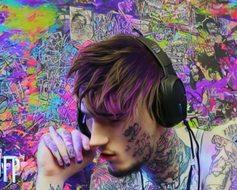 Tattooed person in headphones contemplates against colorful psychedelic backdrop