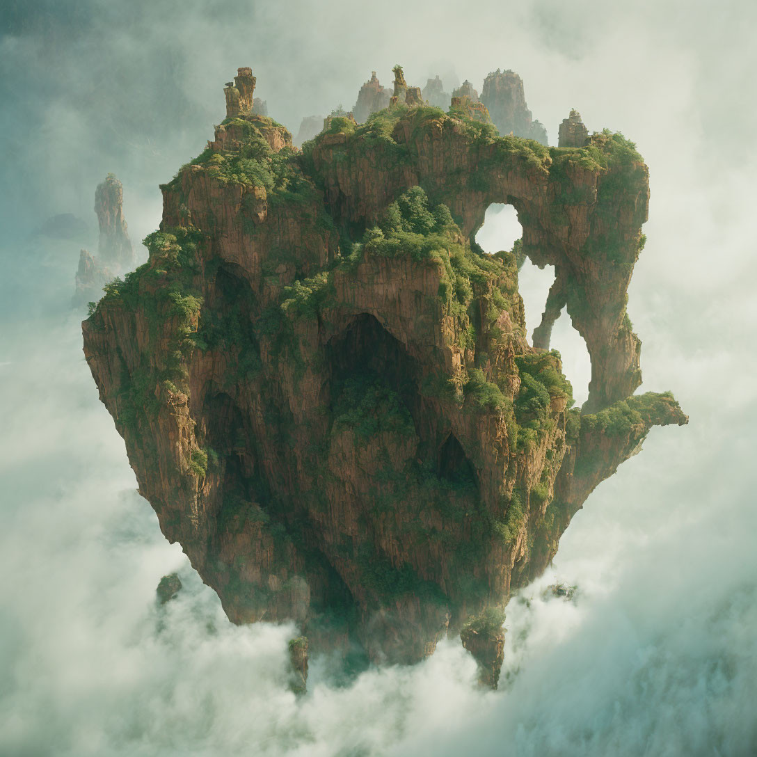 Lush Greenery and Rocky Peaks on a Fantastical Floating Island