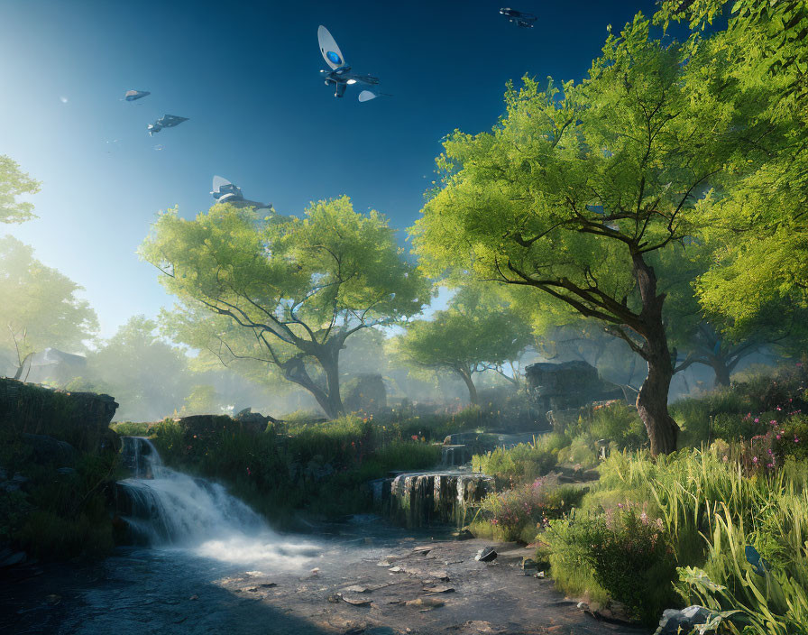 Tranquil landscape with waterfalls, trees, stream, flora, and futuristic aircrafts