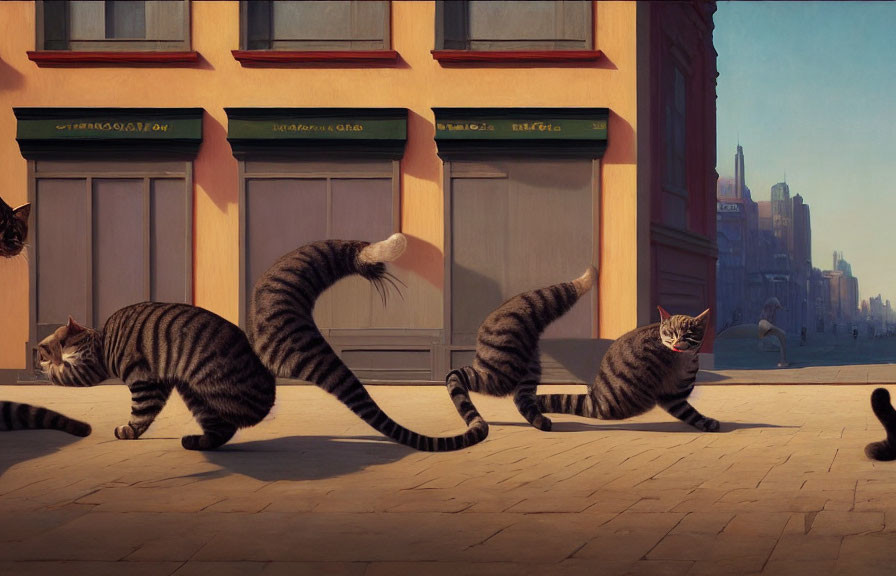 Urban Scene: Striped Cats in Various Walking Positions