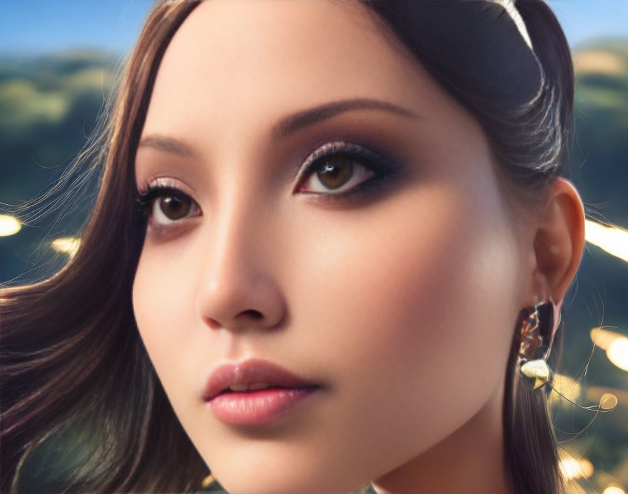 Detailed portrait of woman with striking makeup and glistening earrings on bokeh light backdrop