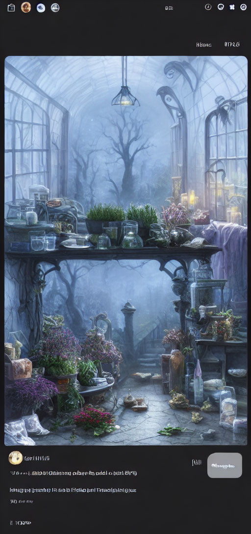 Indoor garden scene with plants, potions, and magical artifacts under gothic arches