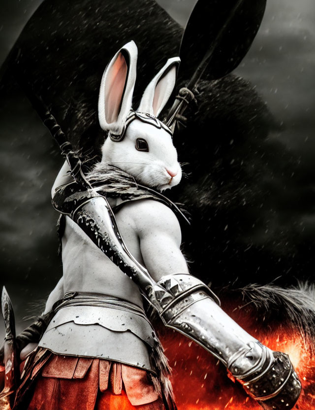 Anthropomorphic Rabbit Warrior in Armor with Bow in Stormy Fantasy Battle