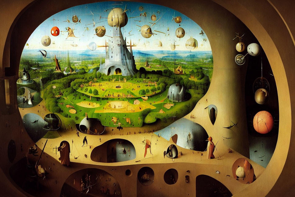 Surrealistic painting of castle on hill with fantastical creatures and floating spheres