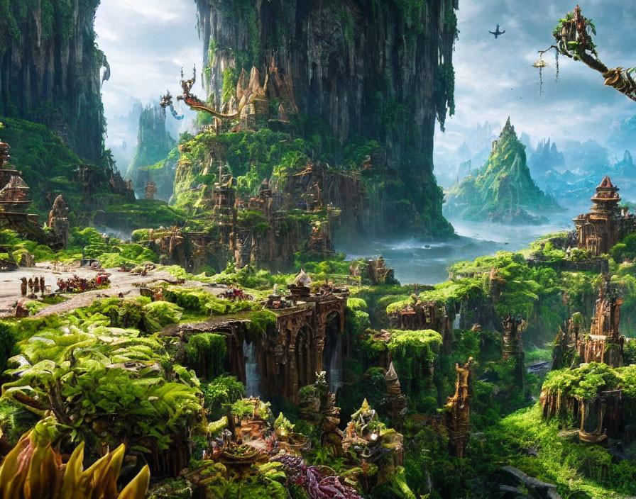 Fantasy landscape with towering cliffs, waterfalls, exotic vegetation, and ancient ruins