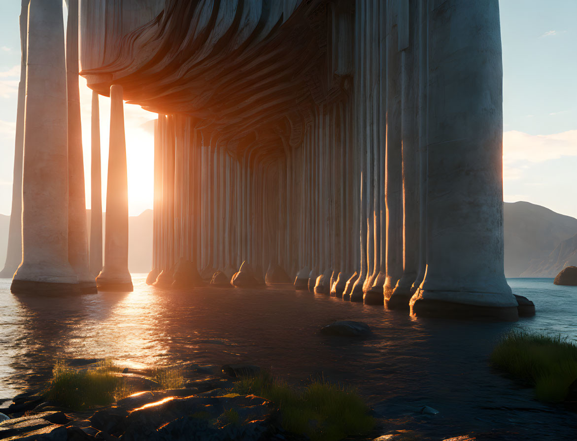 Classical columns in water with sunset rays and mountain backdrop