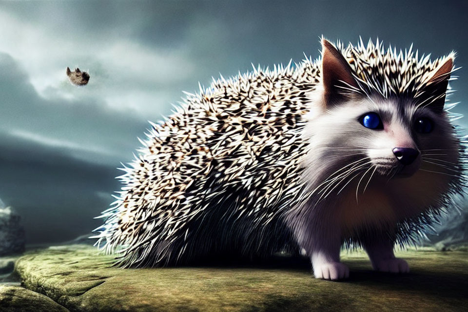 Blue-eyed cat-faced hedgehog creature on rock under stormy sky