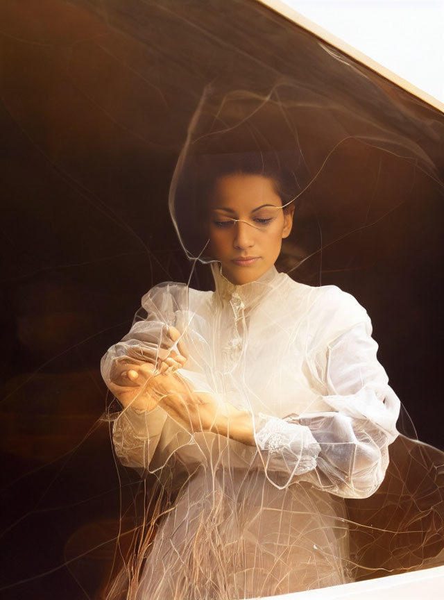 Contemplative woman in white blouse with transparent threads and soft sunlight reflections