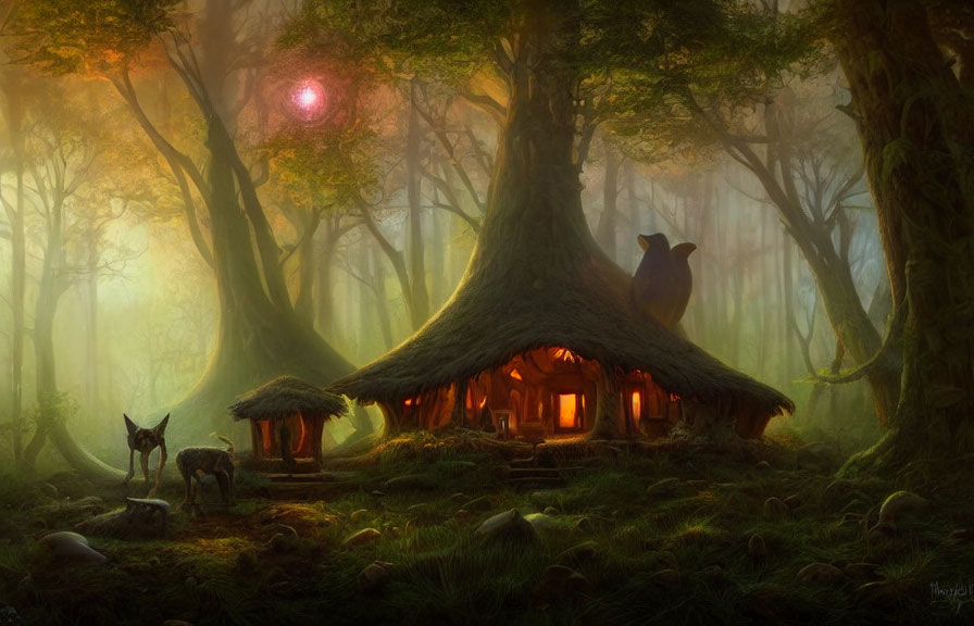 Enchanted forest scene with owl, fox, cottage, and magical orb