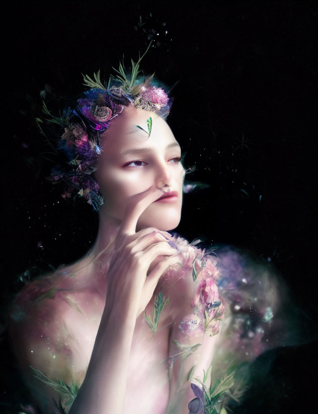 Ethereal floral portrait against dark background