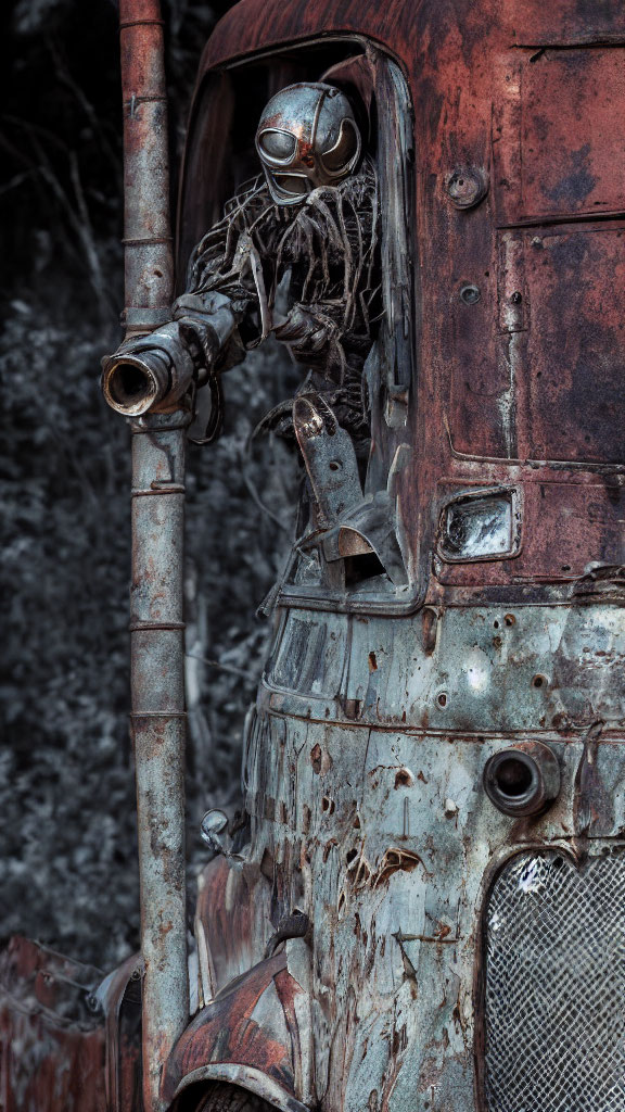 Weathered robot with cylindrical head and camera eyes in rusty truck cabin