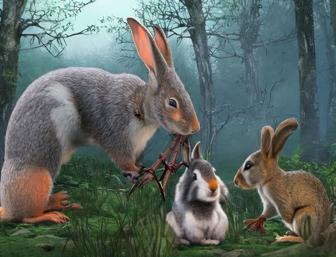 Digital artwork featuring oversized rabbit parent with two smaller bunnies in a forest