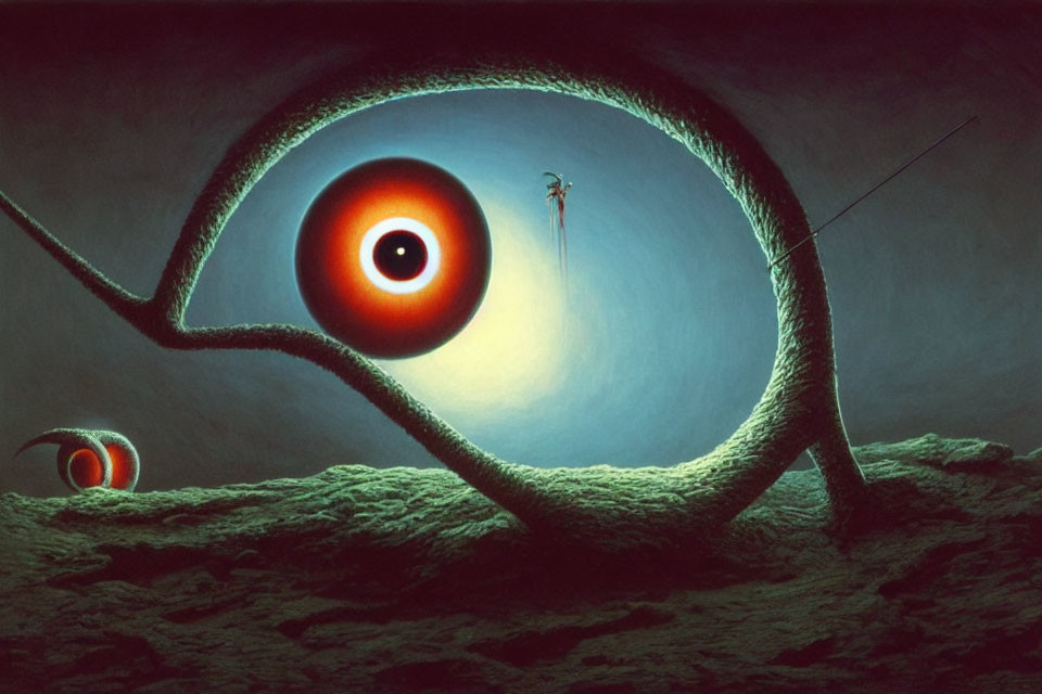 Surreal landscape with large eye-like structure and small figure under luminescent sky