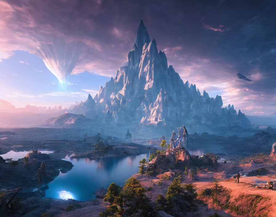 Majestic fantasy landscape with central mountain, lakes, comet, and ethereal lighting