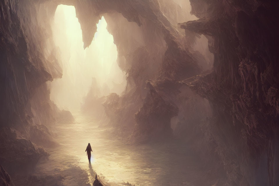 Solitary figure in vast cave with river and ethereal light.