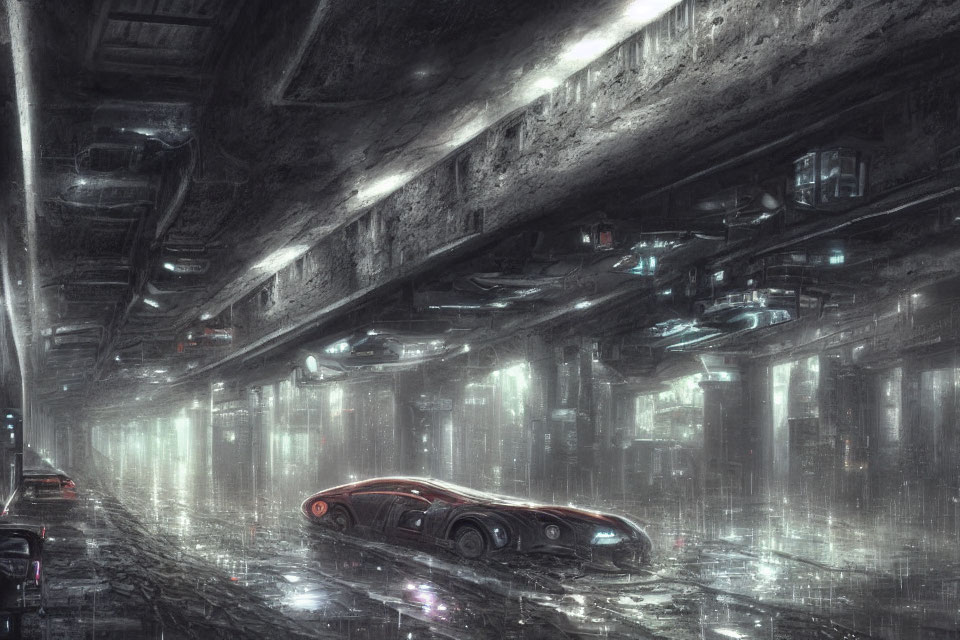 Futuristic city underpass with rain, neon lights, flying cars, and red vehicle