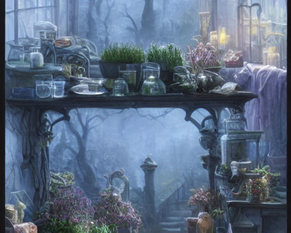 Indoor garden scene with plants, potions, and magical artifacts under gothic arches