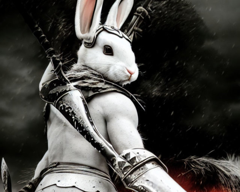 Anthropomorphic Rabbit Warrior in Armor with Bow in Stormy Fantasy Battle