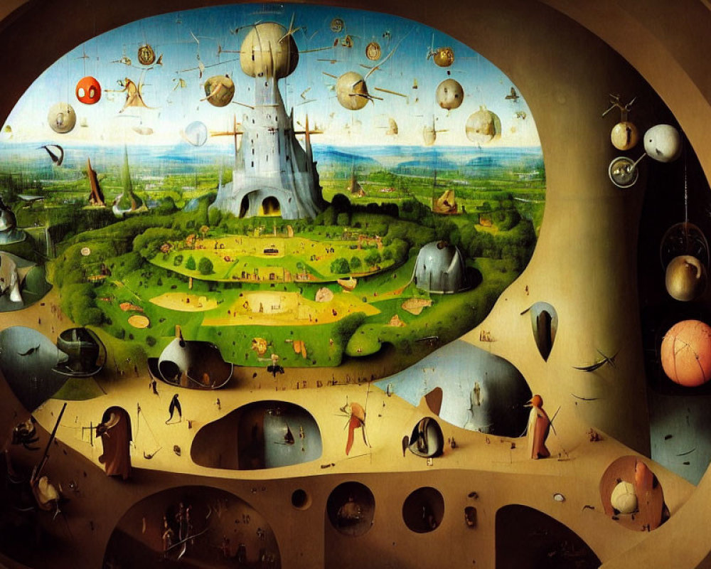 Surrealistic painting of castle on hill with fantastical creatures and floating spheres