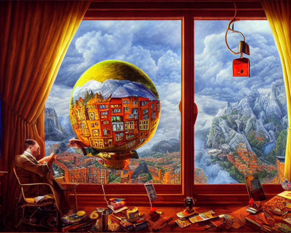 Man reading in room full of books with spherical cityscape view and floating red cube