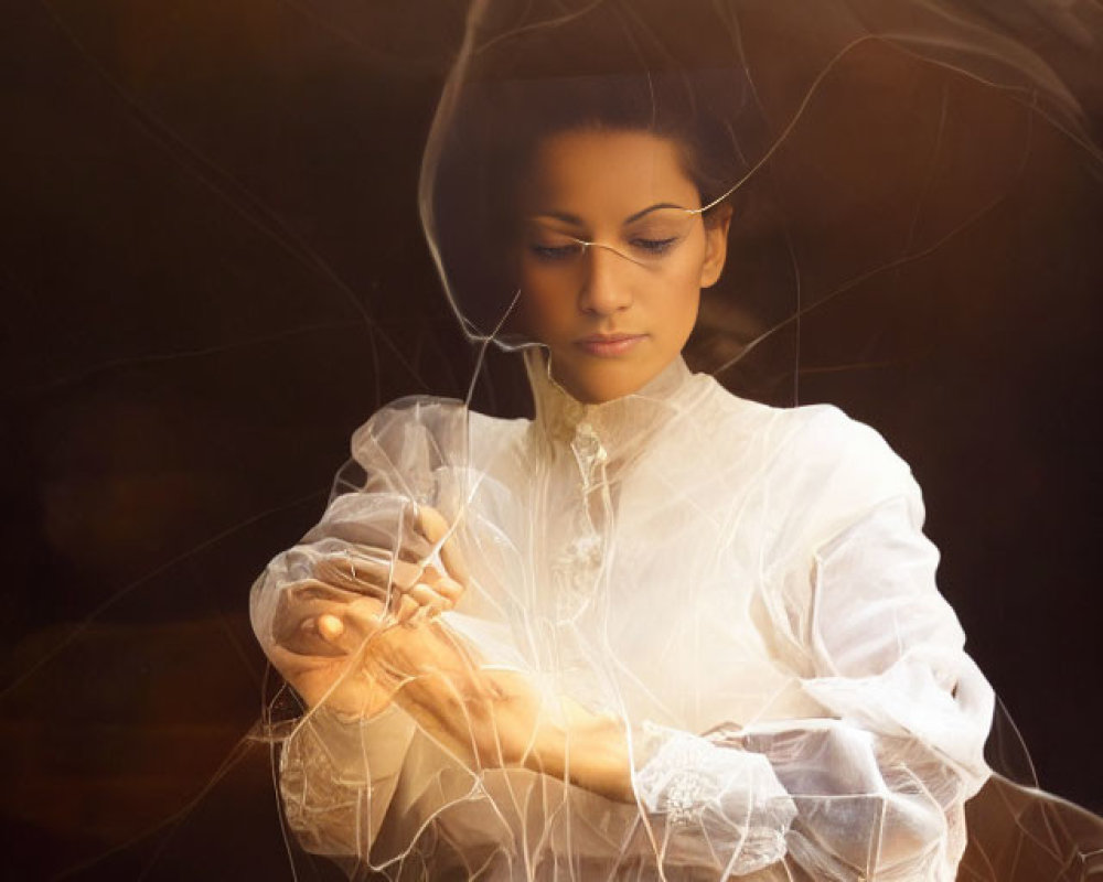 Contemplative woman in white blouse with transparent threads and soft sunlight reflections