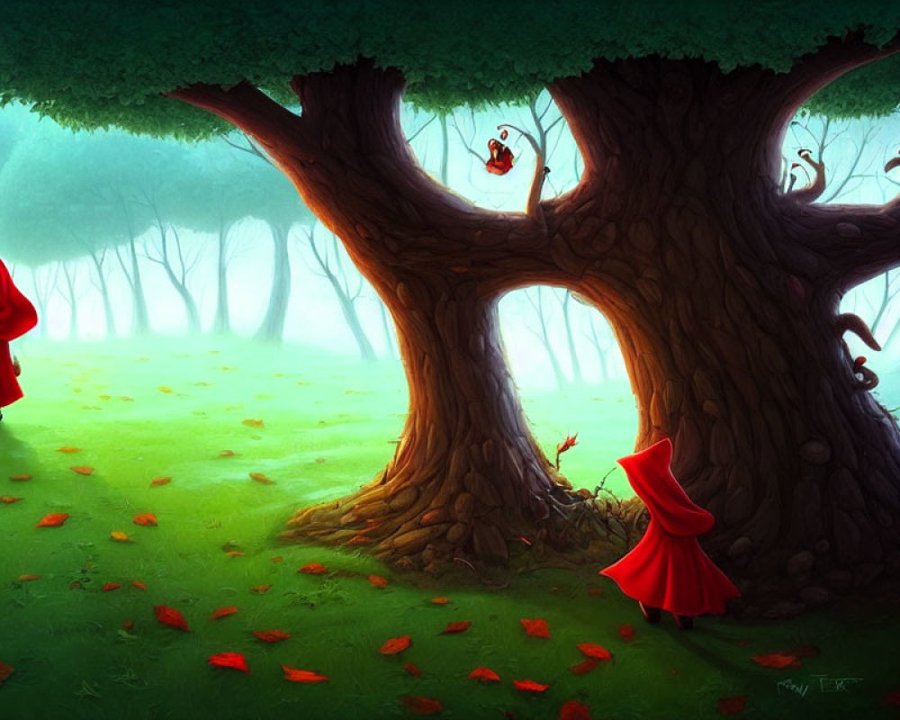 Enchanted forest scene with figures in red cloaks and hollow tree