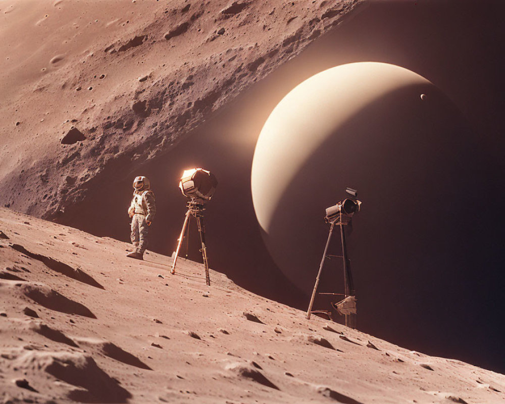 Astronaut on rocky surface with Saturn in background and equipment on tripods