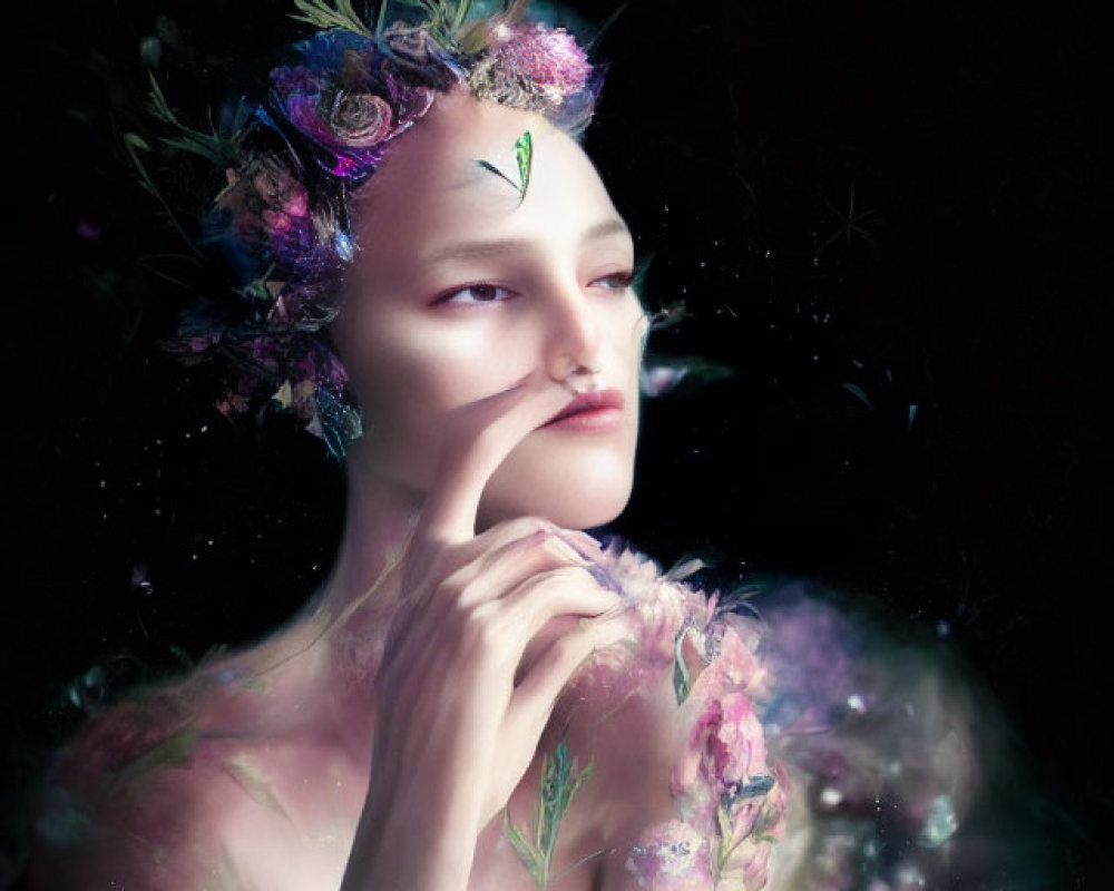 Ethereal floral portrait against dark background