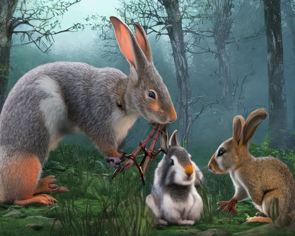 Digital artwork featuring oversized rabbit parent with two smaller bunnies in a forest