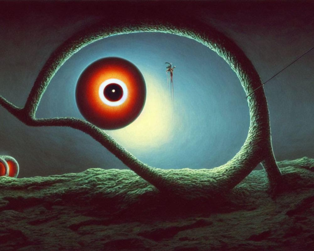 Surreal landscape with large eye-like structure and small figure under luminescent sky