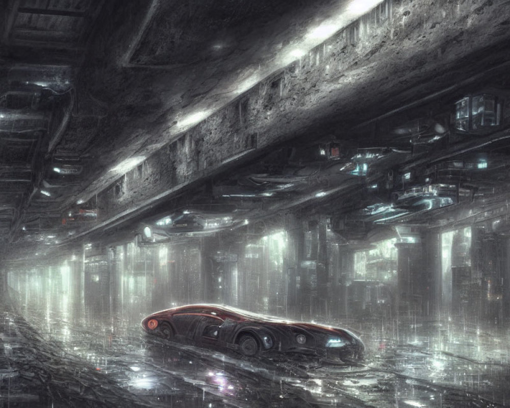 Futuristic city underpass with rain, neon lights, flying cars, and red vehicle