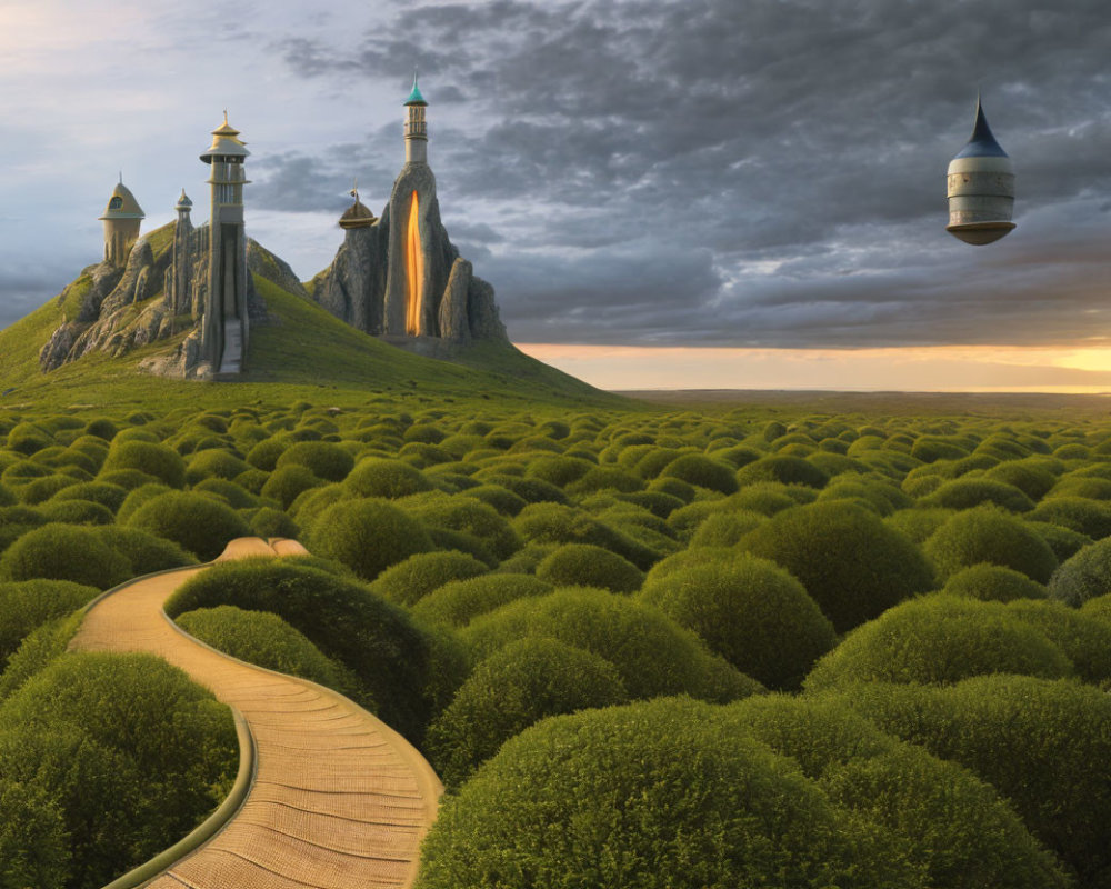 Scenic wooden pathway through lush green landscape to towering castles at dusk