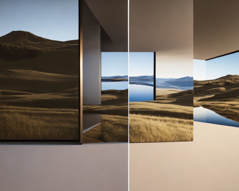 Composite Image of Desert Hills, Lake, and Modern Geometric Room