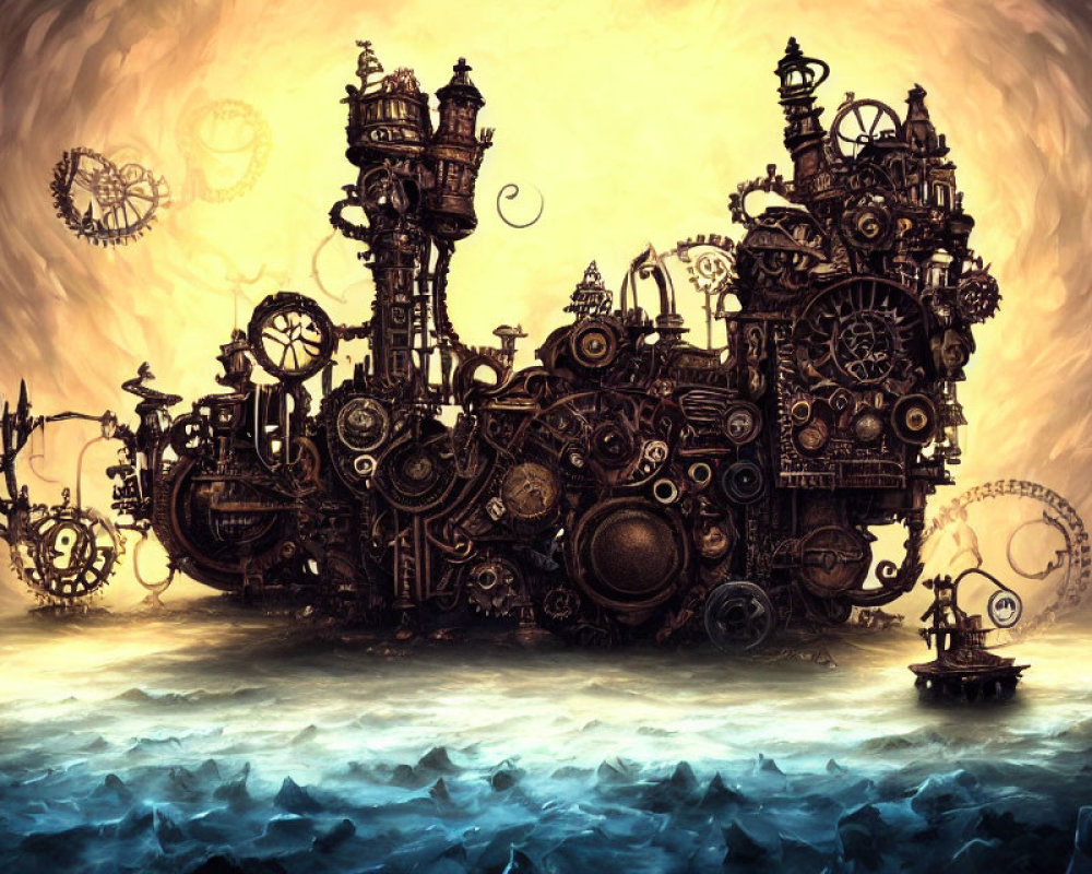 Steampunk cityscape with gears, clockwork towers, and golden backdrop.