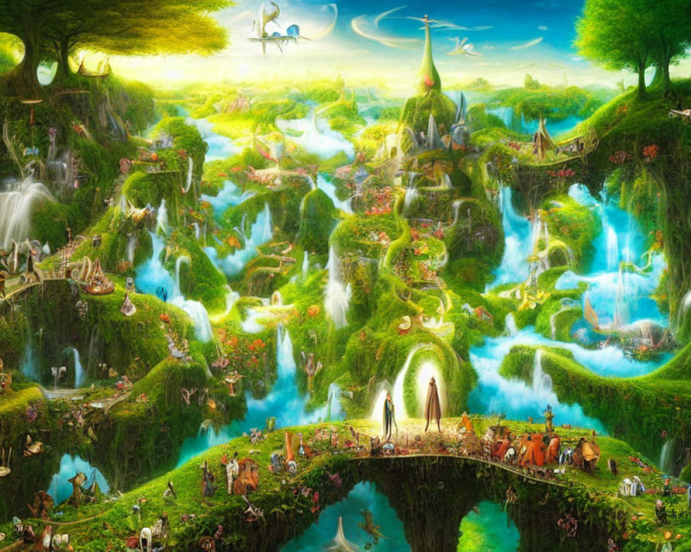 Fantasy landscape with lush greenery, waterfalls, mythical creatures, and magical structures