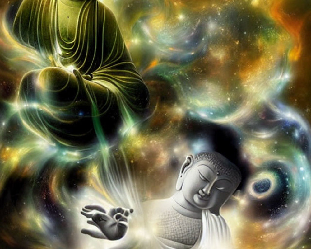 Two Buddha statues in meditative poses against cosmic space backdrop