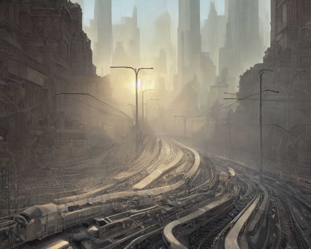 Dystopian cityscape with highways, trains, and overcast sky