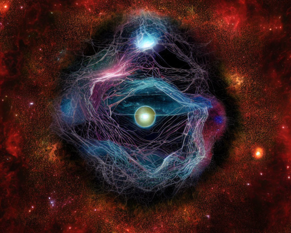 Colorful cosmic image with glowing orb and intricate web-like structures in blue and purple hues.