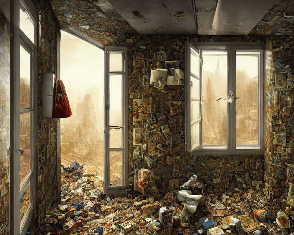 Messy room with trash piles, open windows, city view, and flying bird.