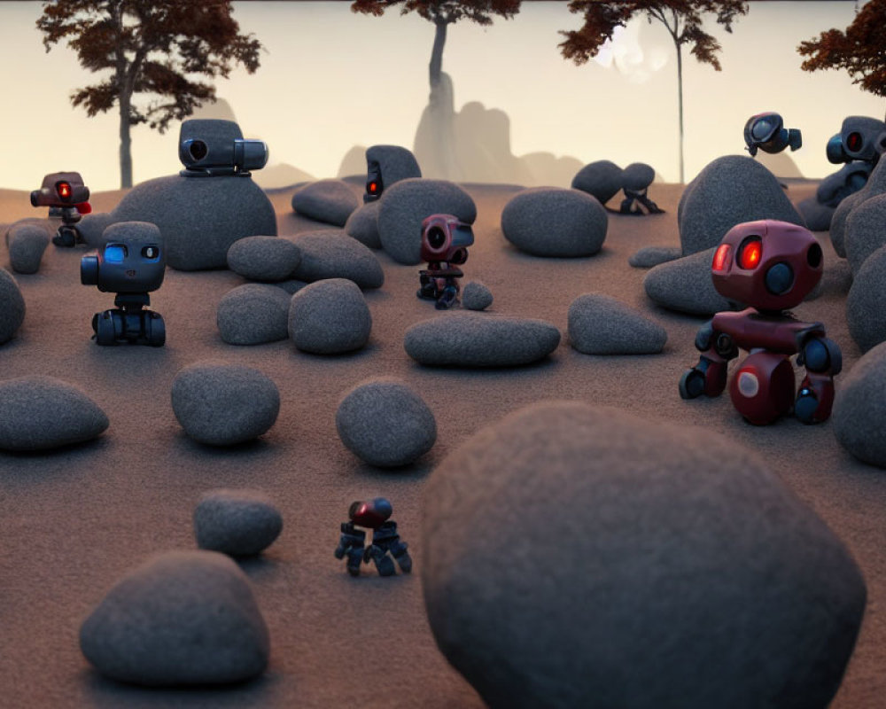 Colorful Animated Robots Exploring Rocky Terrain
