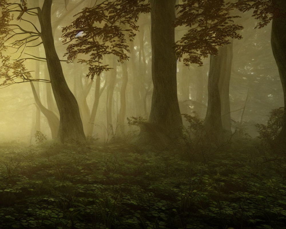 Sunlit mystical forest with fog and twisted trunks