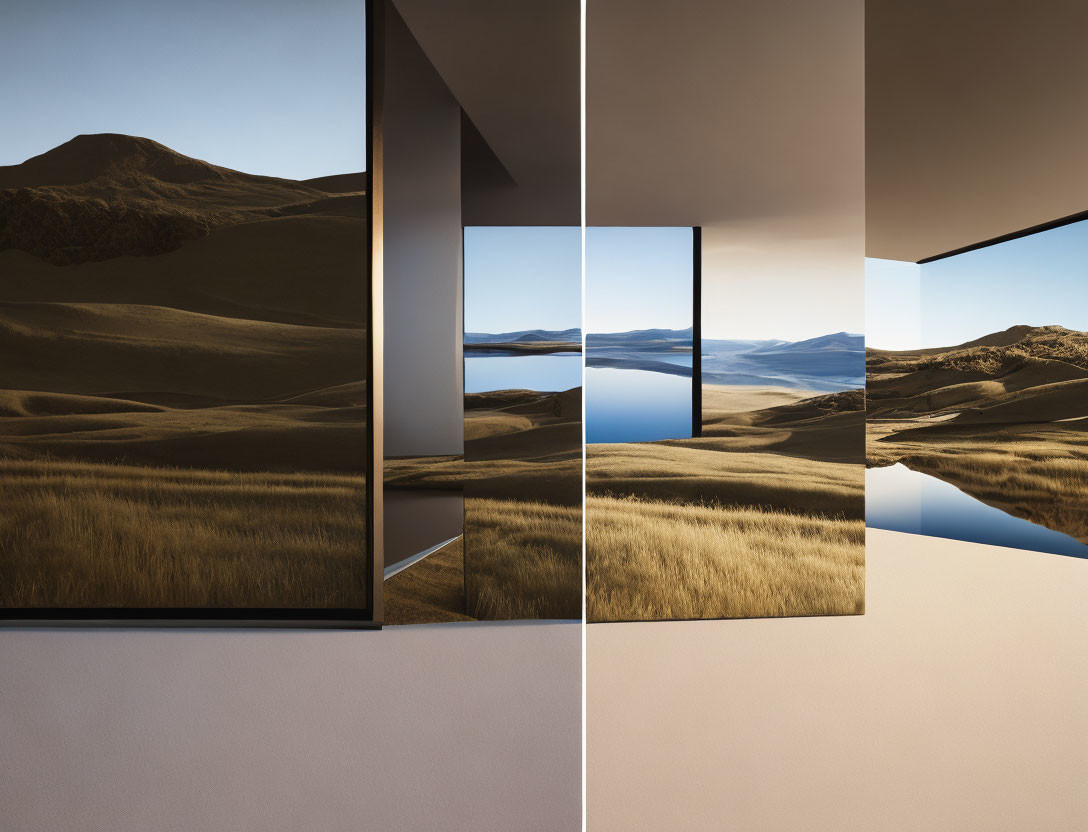 Composite Image of Desert Hills, Lake, and Modern Geometric Room