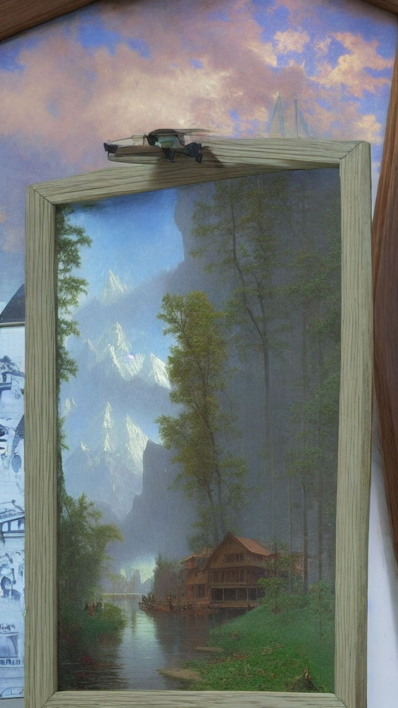 Layered Wooden Frame Artwork: Serene Lake Scene with Cabin, Mountains, and Toy Train