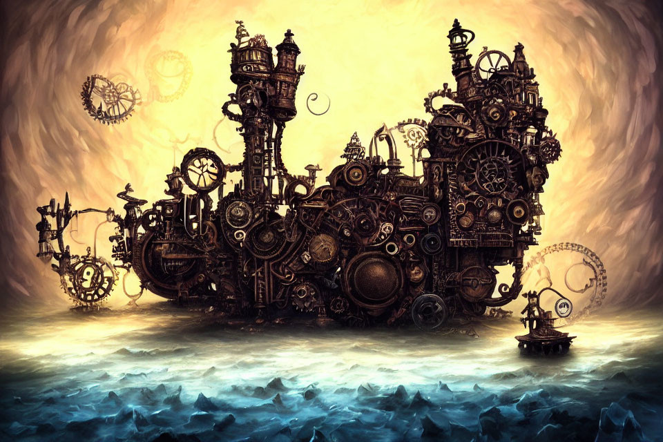 Steampunk cityscape with gears, clockwork towers, and golden backdrop.