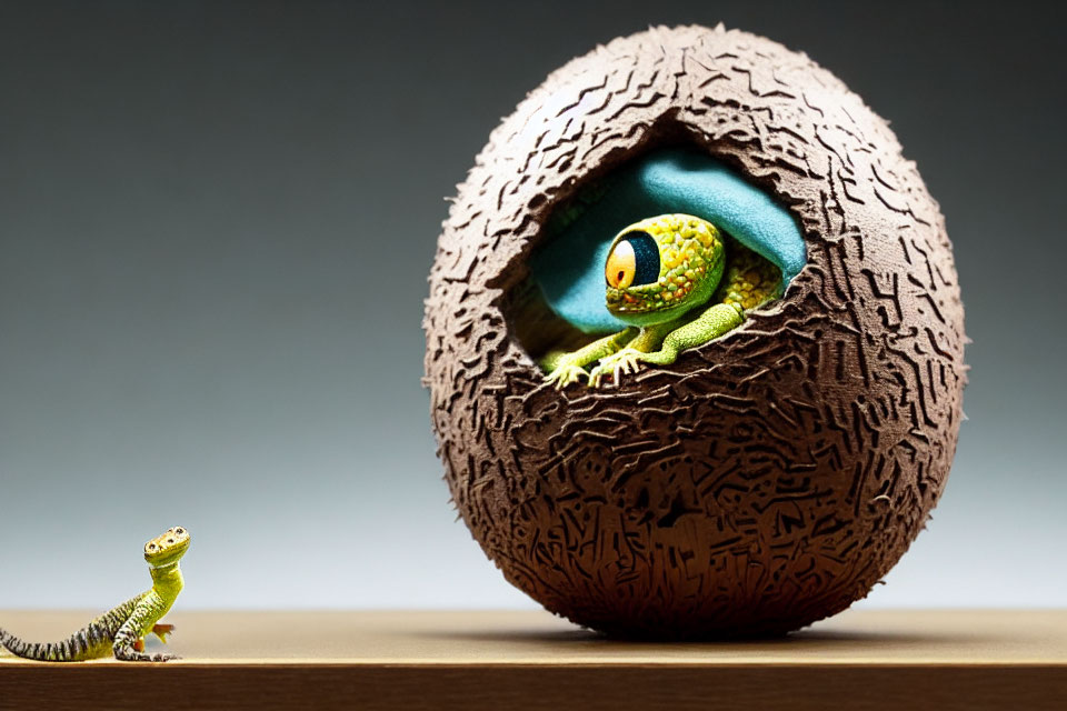 Gecko Toy in Textured Egg with Smaller Gecko on Gradient Background