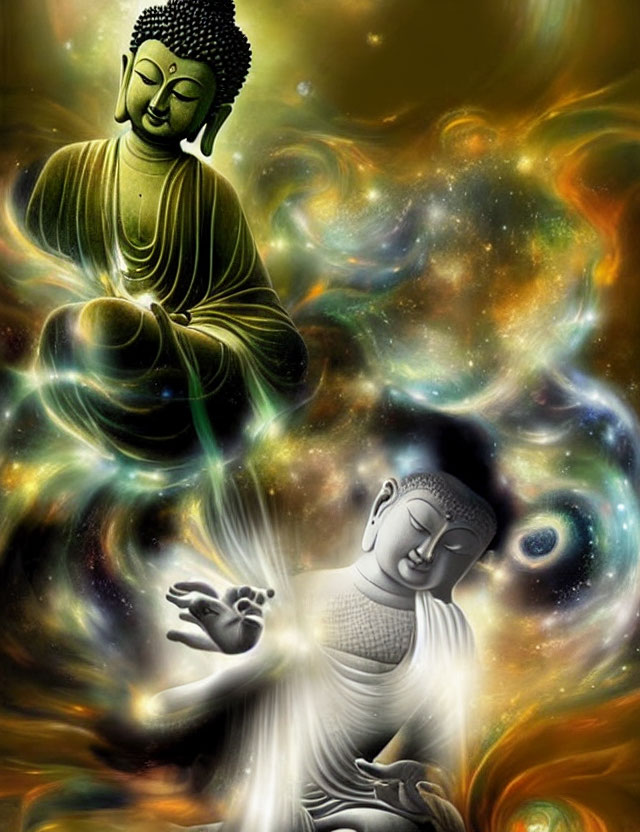 Two Buddha statues in meditative poses against cosmic space backdrop