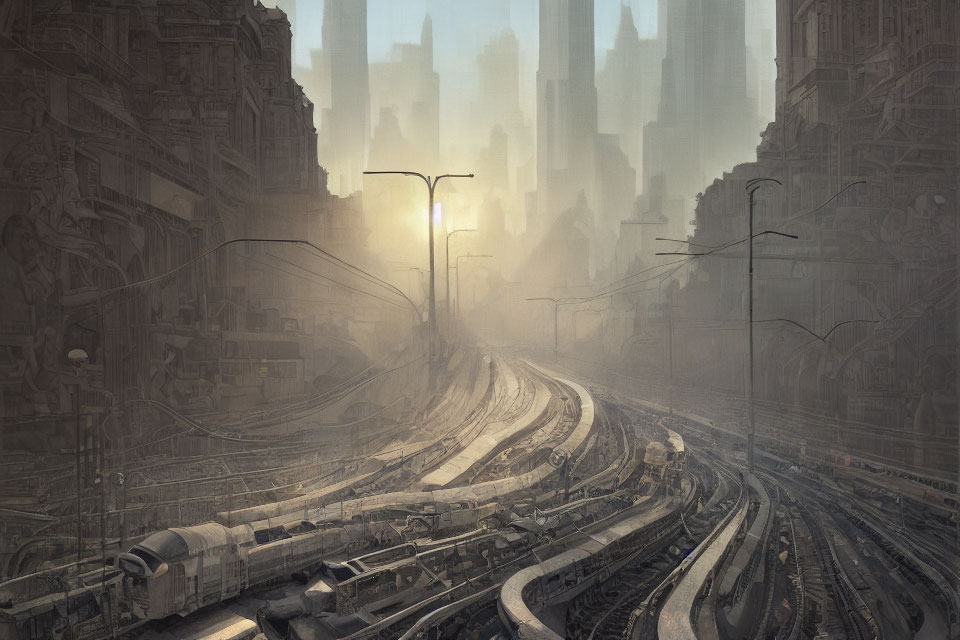 Dystopian cityscape with highways, trains, and overcast sky