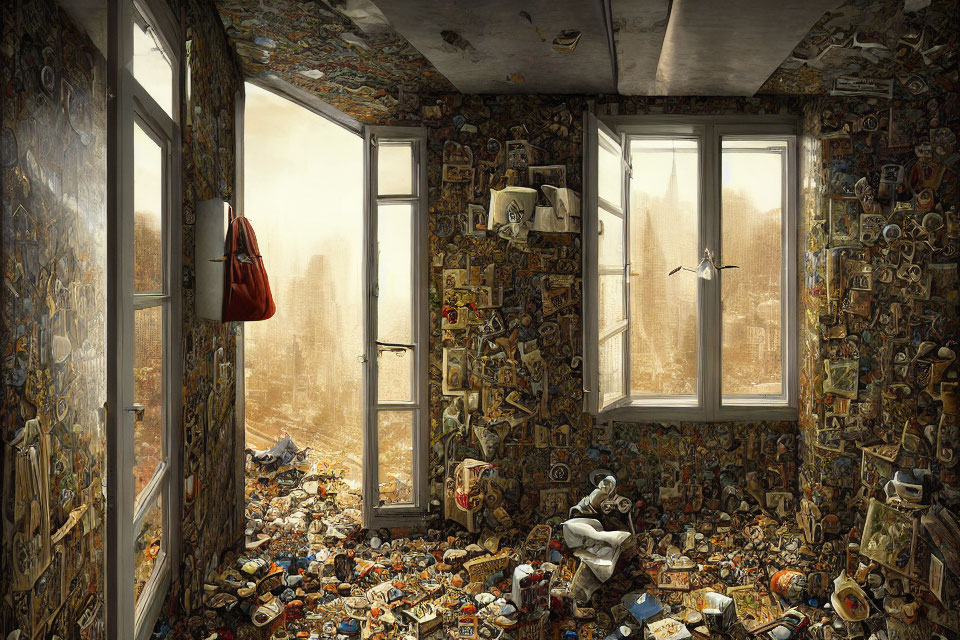 Messy room with trash piles, open windows, city view, and flying bird.