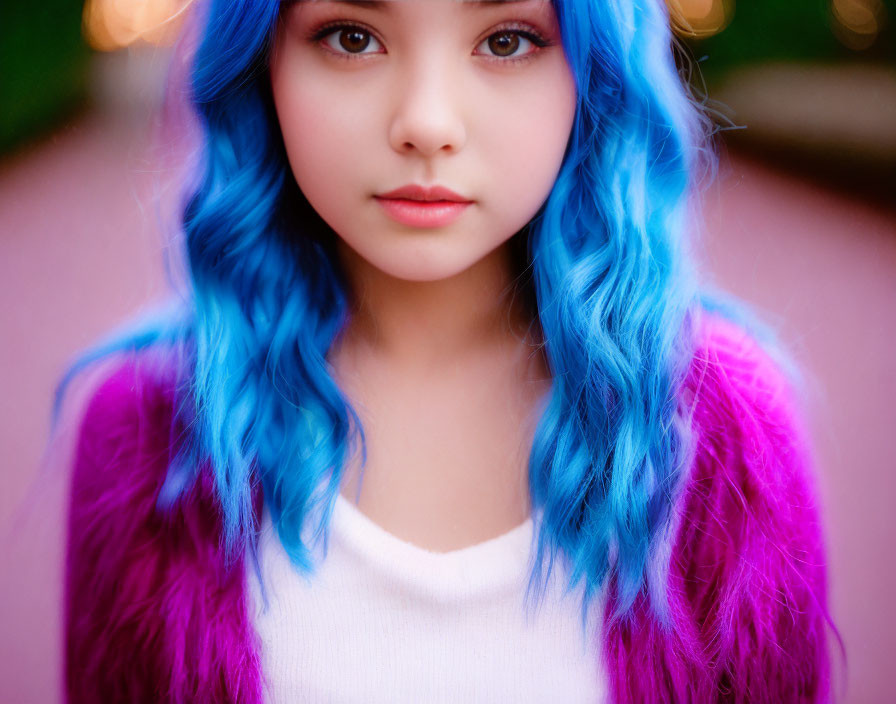 Young girl with blue hair and purple fur collar in captivating gaze